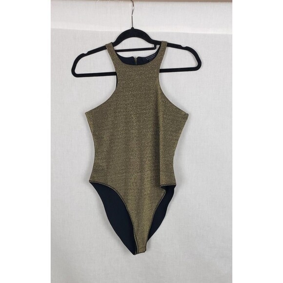 AllSaints Bodysuit Womens 6 Gold Metallic High Neck Racerback Zip Back Shimmer - Picture 1 of 9